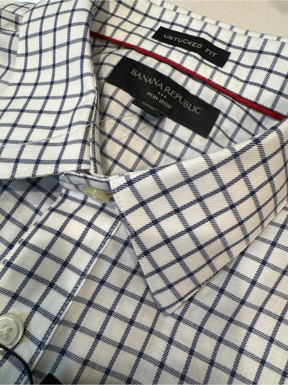 Banana Republic White Shirt with Navy Grid Pattern size medium